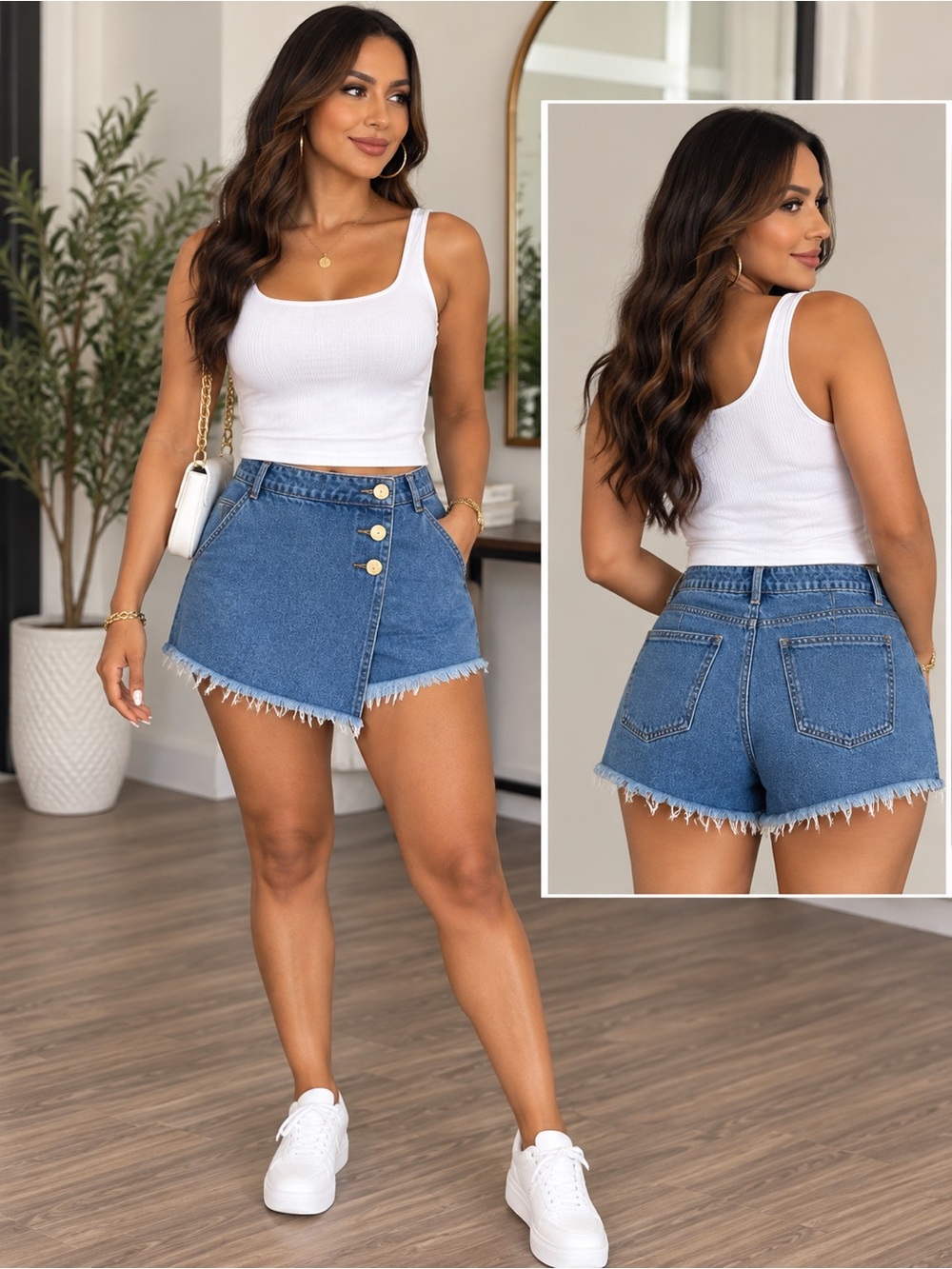 Zara Blue Denim Wrap-Front Fringe Skort Shorts